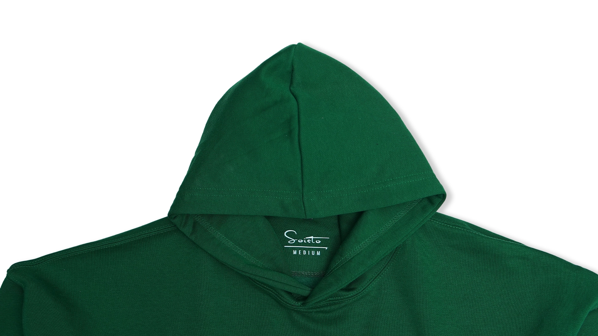 green oversized hoodie neck back logo flat lay